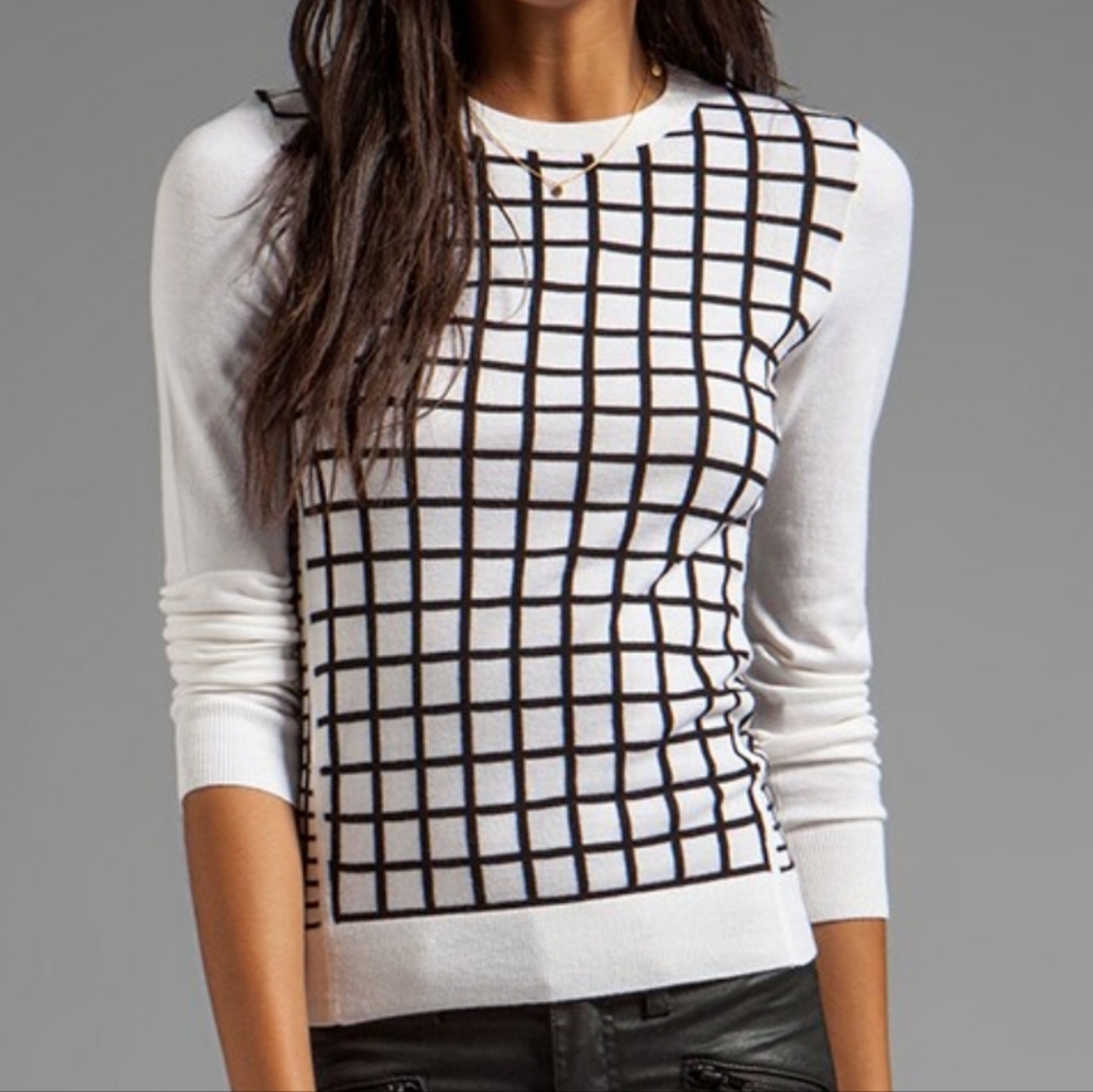 Ann Taylor White Lightweight Crewneck Sweater with Black Grid Design - size S